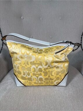 Coach Vintage Yellow Signature Jacquard Hobo with White Trim
